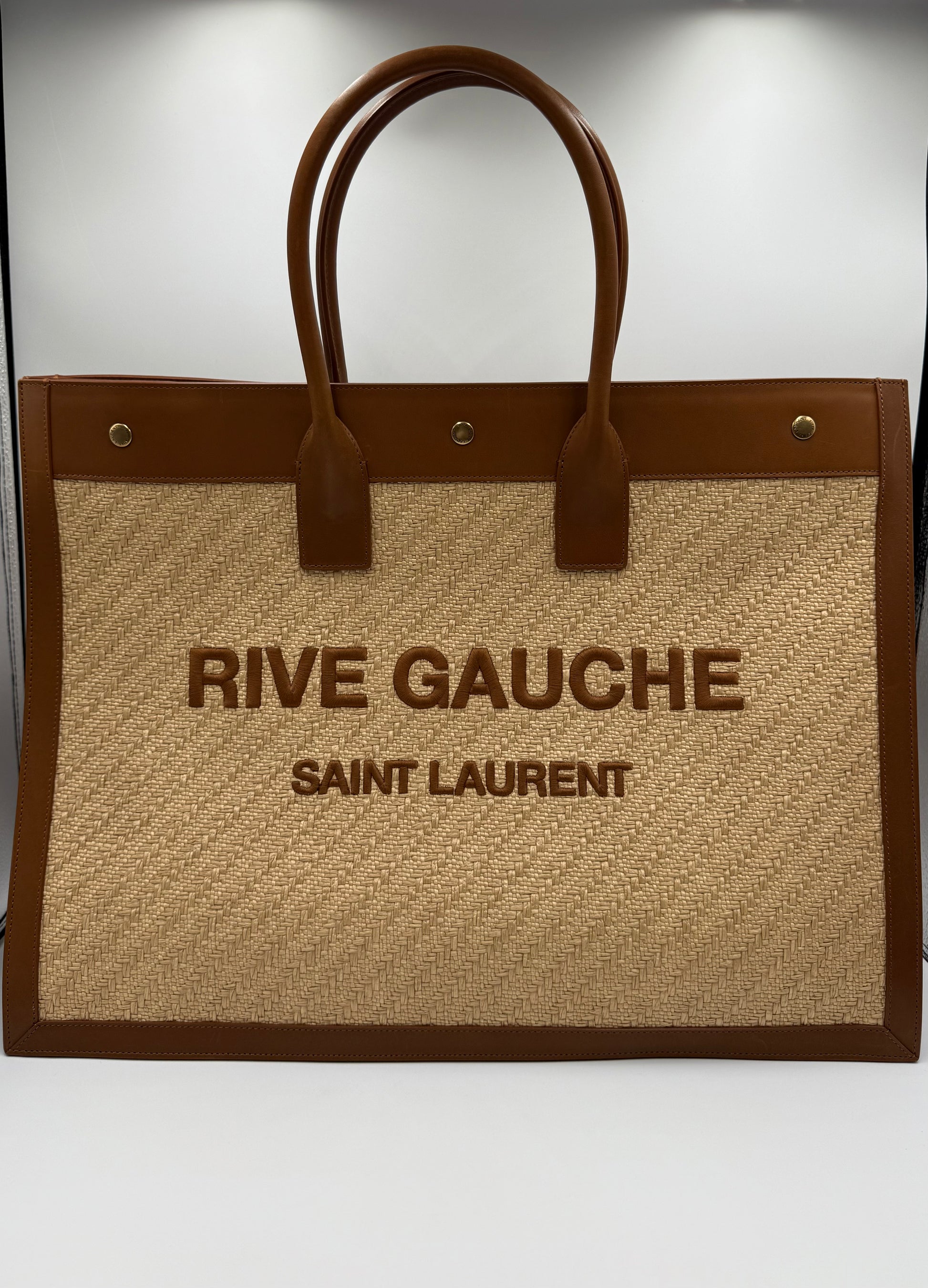 Saint Laurent Raffia Linen Calfskin Rive Gauche Tote Naturale Brown