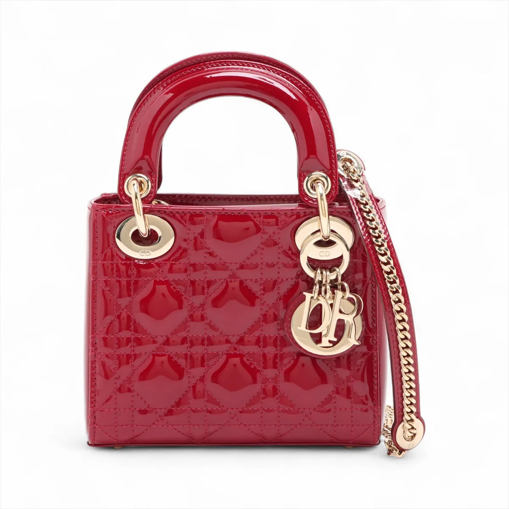 Christian Dior Cannage Lady Dior Mini Patent Leather 2 Way Handbag Red