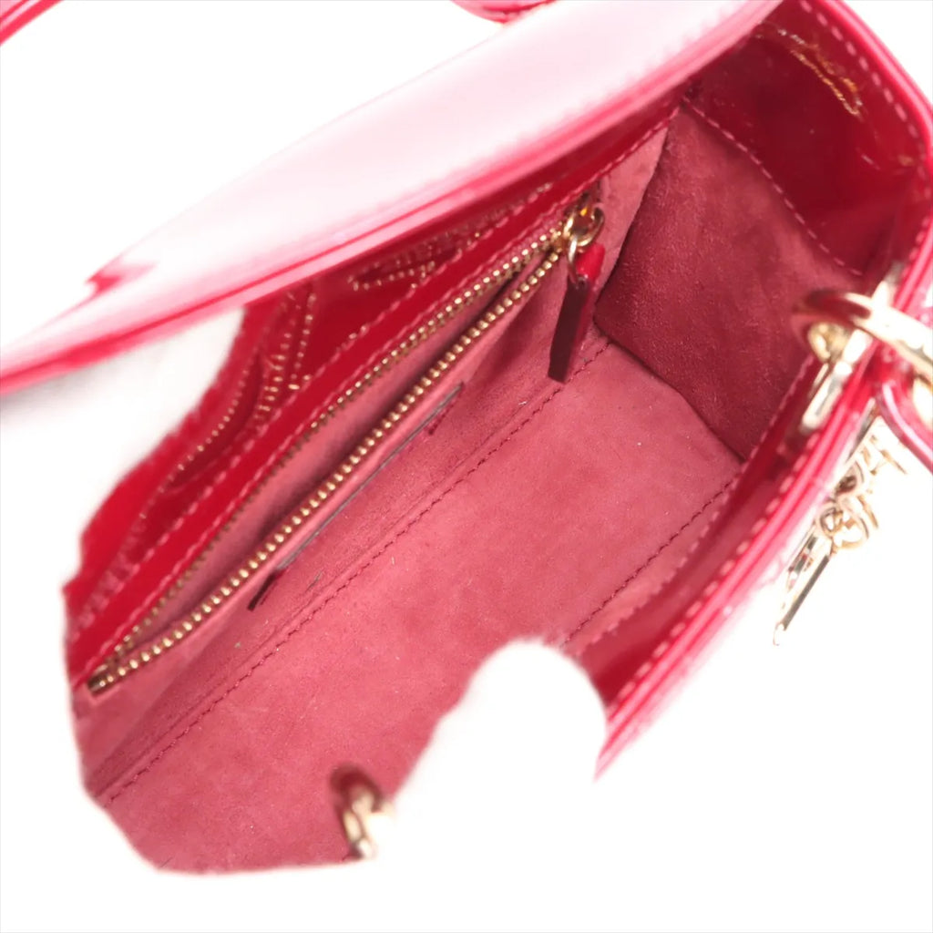 Christian Dior Cannage Lady Dior Mini Patent Leather 2 Way Handbag Red