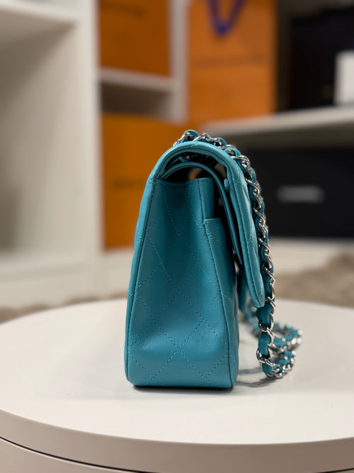 Chanel Double Flap Lambskin Blue Silver Hardware