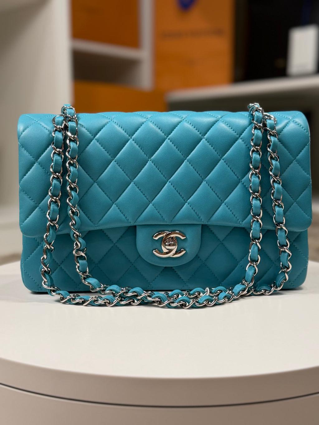 Chanel Double Flap Lambskin Blue Silver Hardware