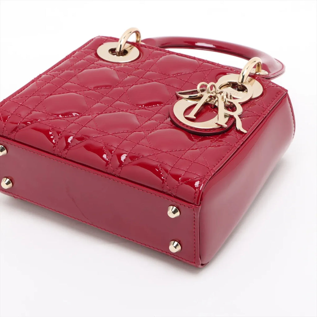 Christian Dior Cannage Lady Dior Mini Patent Leather 2 Way Handbag Red