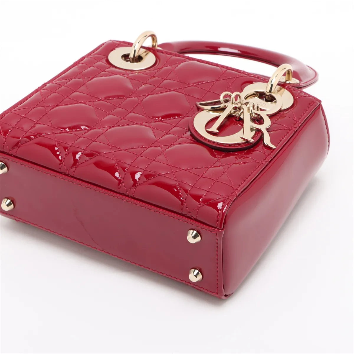 Christian Dior Cannage Lady Dior Mini Patent Leather 2 Way Handbag Red