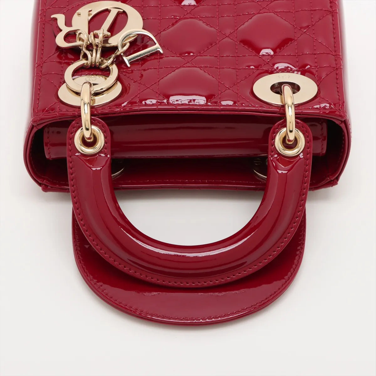 Christian Dior Cannage Lady Dior Mini Patent Leather 2 Way Handbag Red