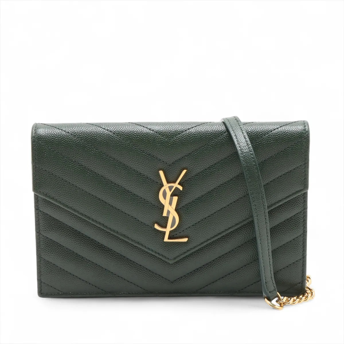 Saint Laurent Paris Cassandra Leather Chain Wallet Green