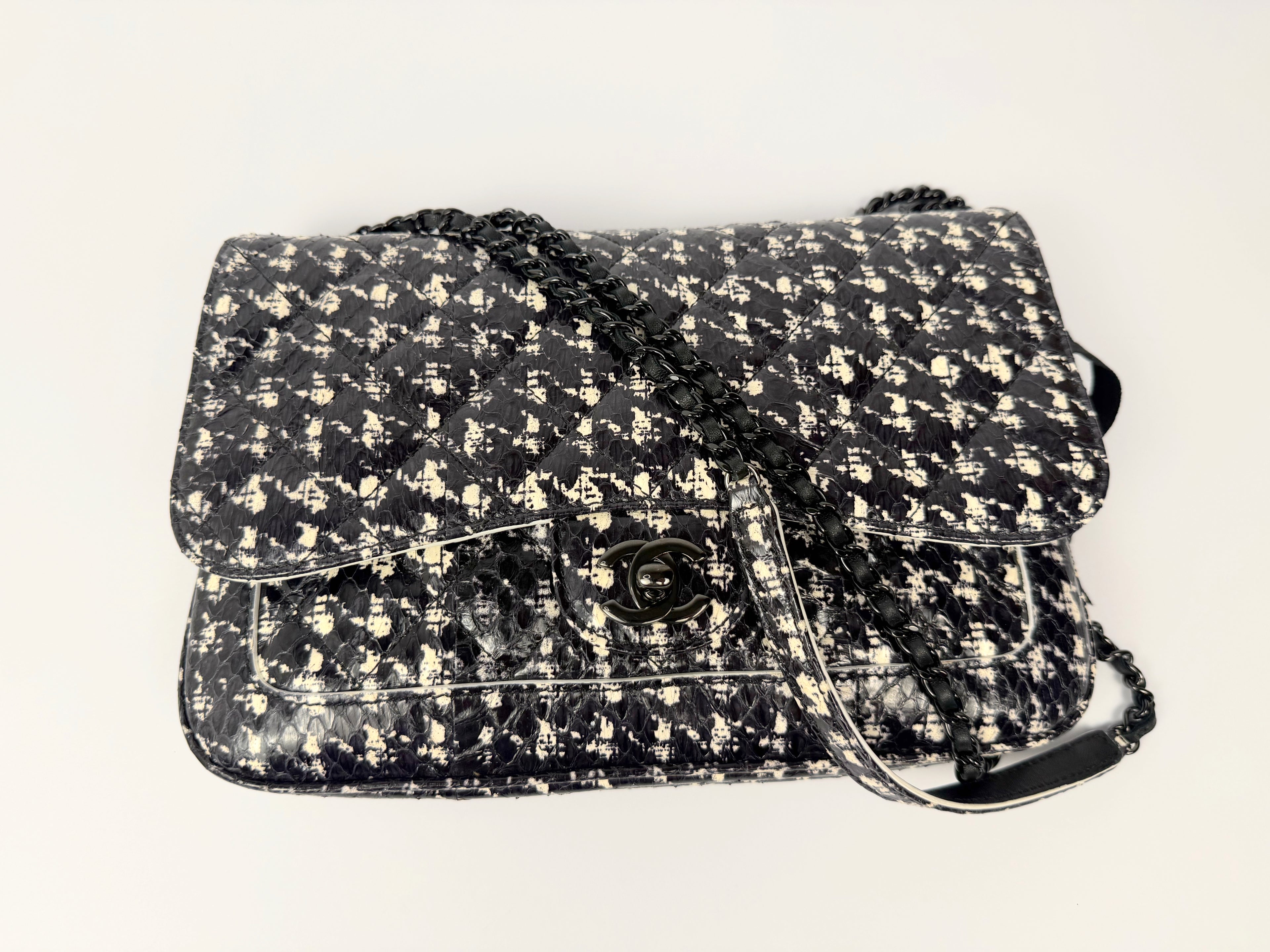 Chanel Houndstooth Python Black White Flap