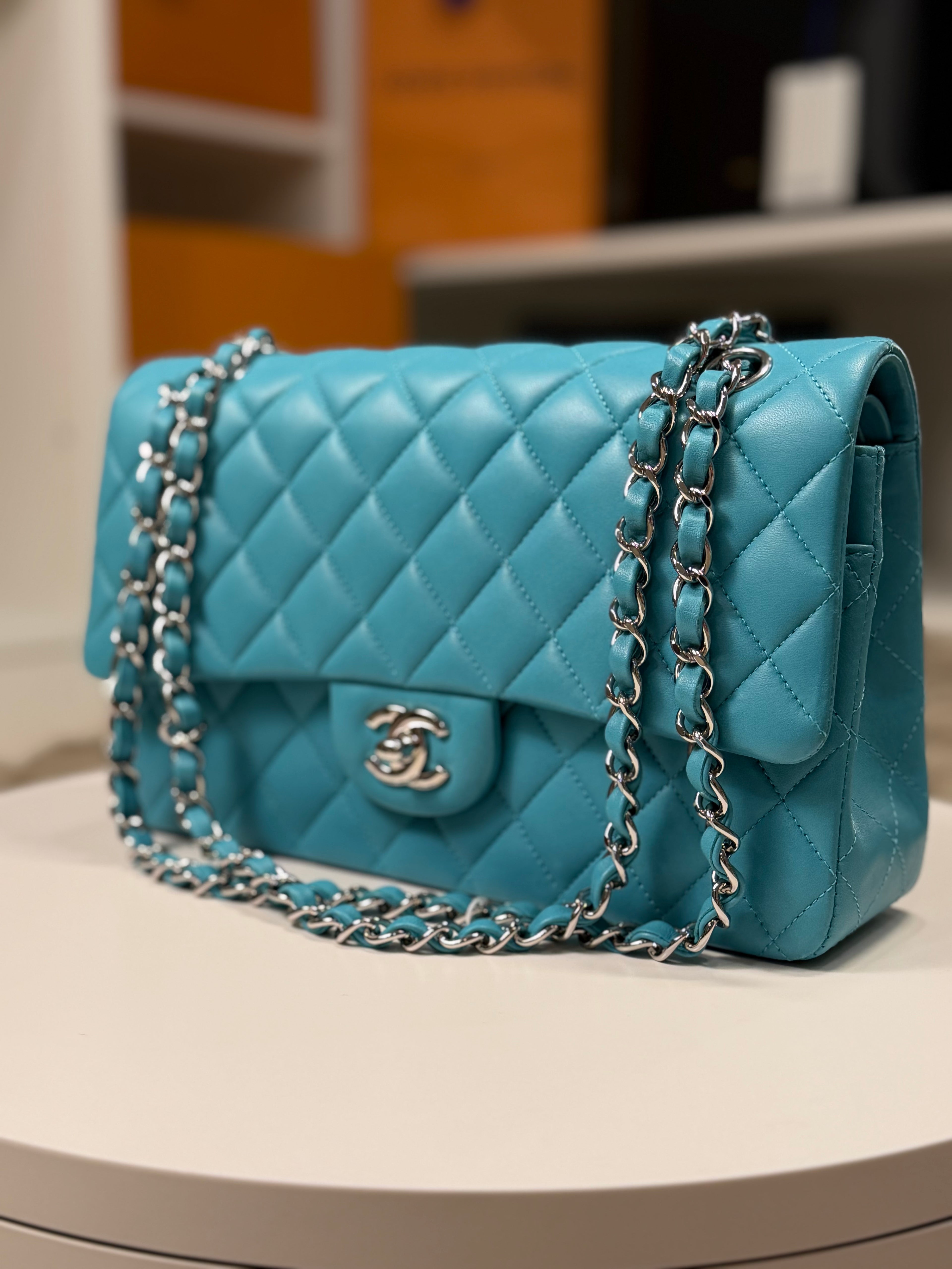 Chanel Double Flap Lambskin Blue Silver Hardware