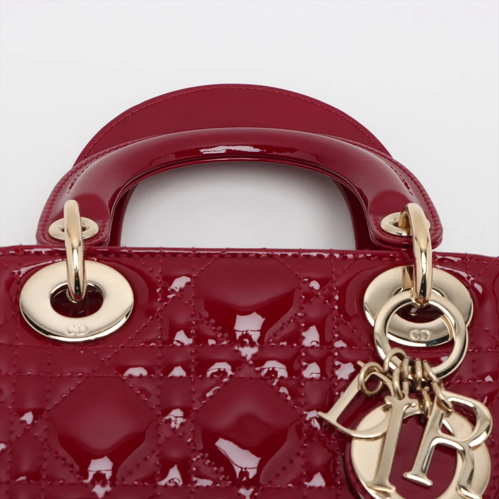 Christian Dior Cannage Lady Dior Mini Patent Leather 2 Way Handbag Red