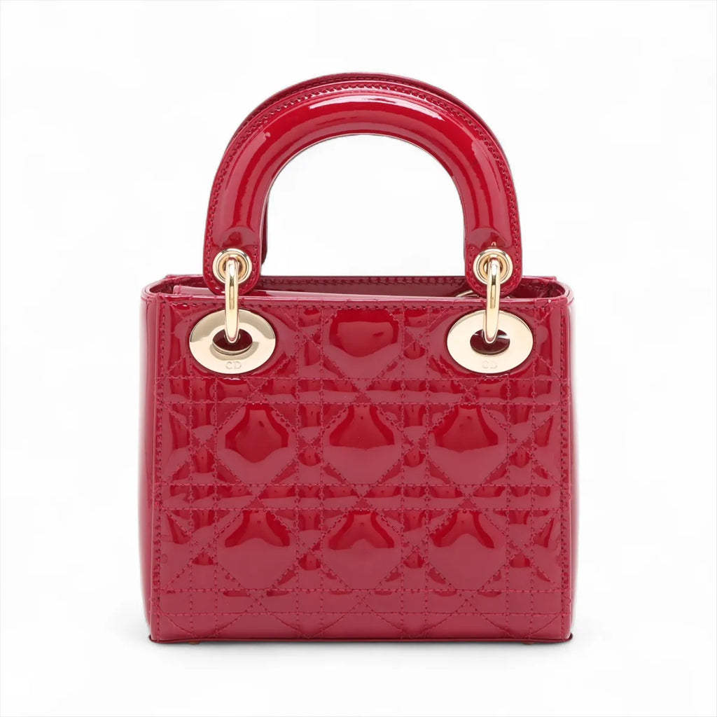 Christian Dior Cannage Lady Dior Mini Patent Leather 2 Way Handbag Red