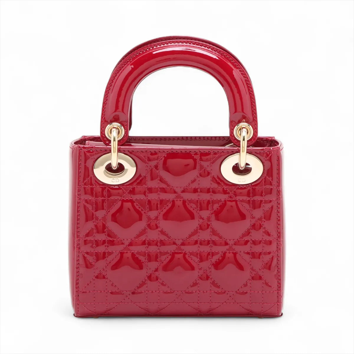 Christian Dior Cannage Lady Dior Mini Patent Leather 2 Way Handbag Red
