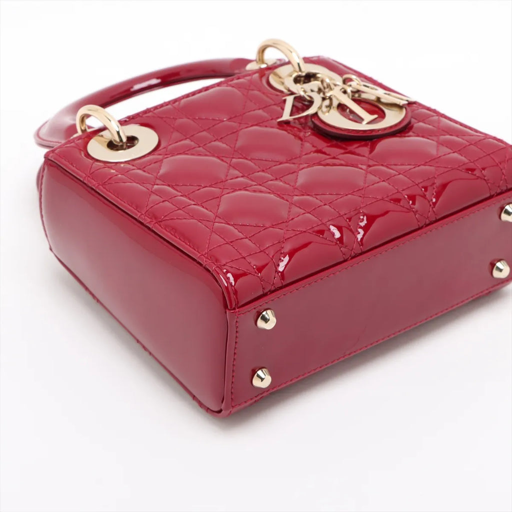 Christian Dior Cannage Lady Dior Mini Patent Leather 2 Way Handbag Red