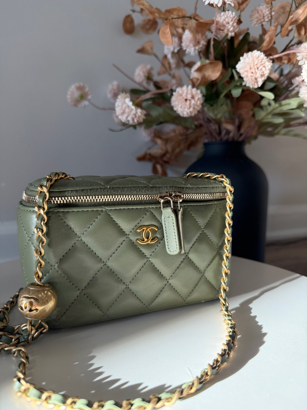 Chanel Lambskin Pearl Crush Vanity Olive