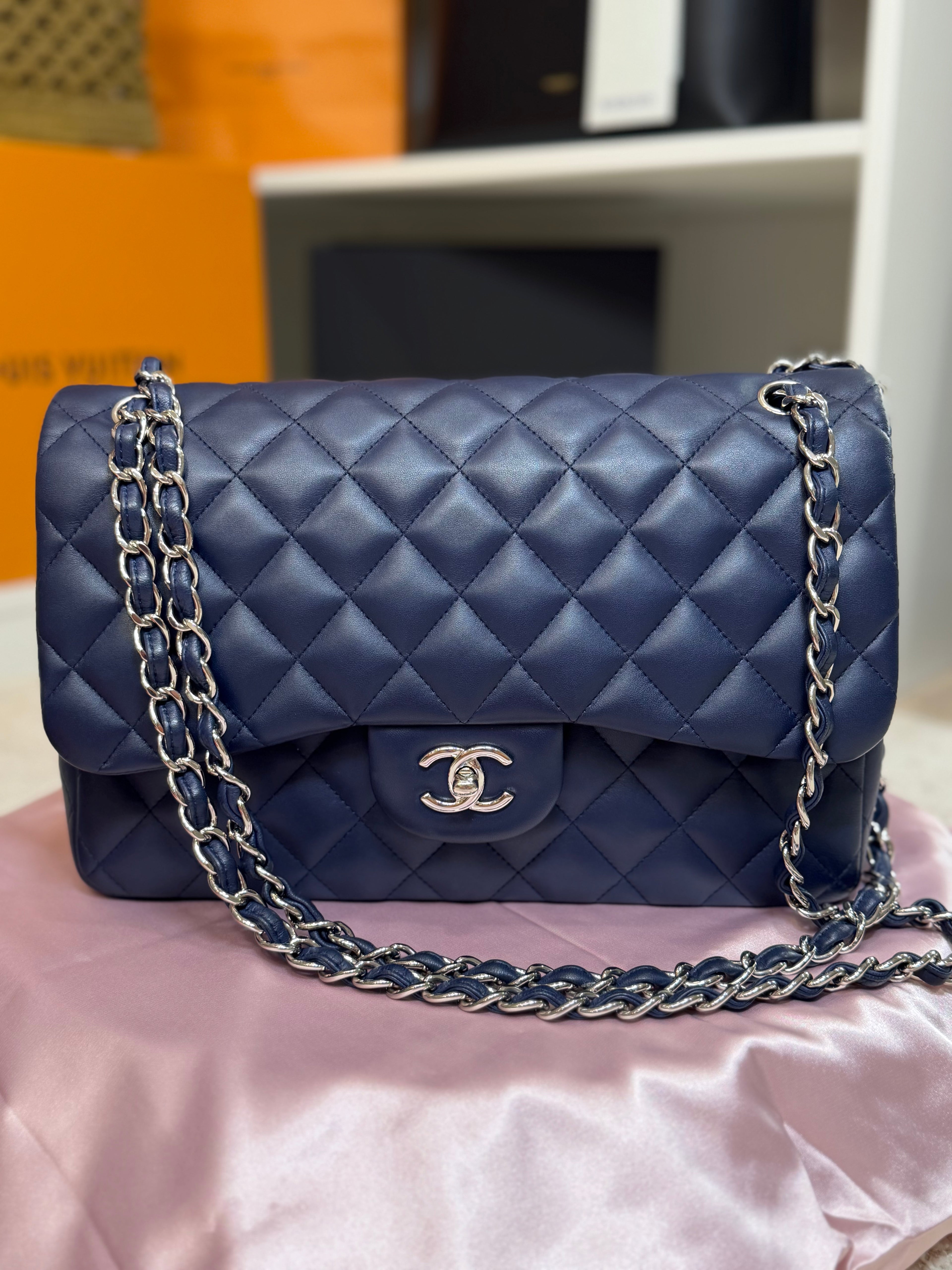 Chanel Jumbo Lambskin Navy Silver Hardware