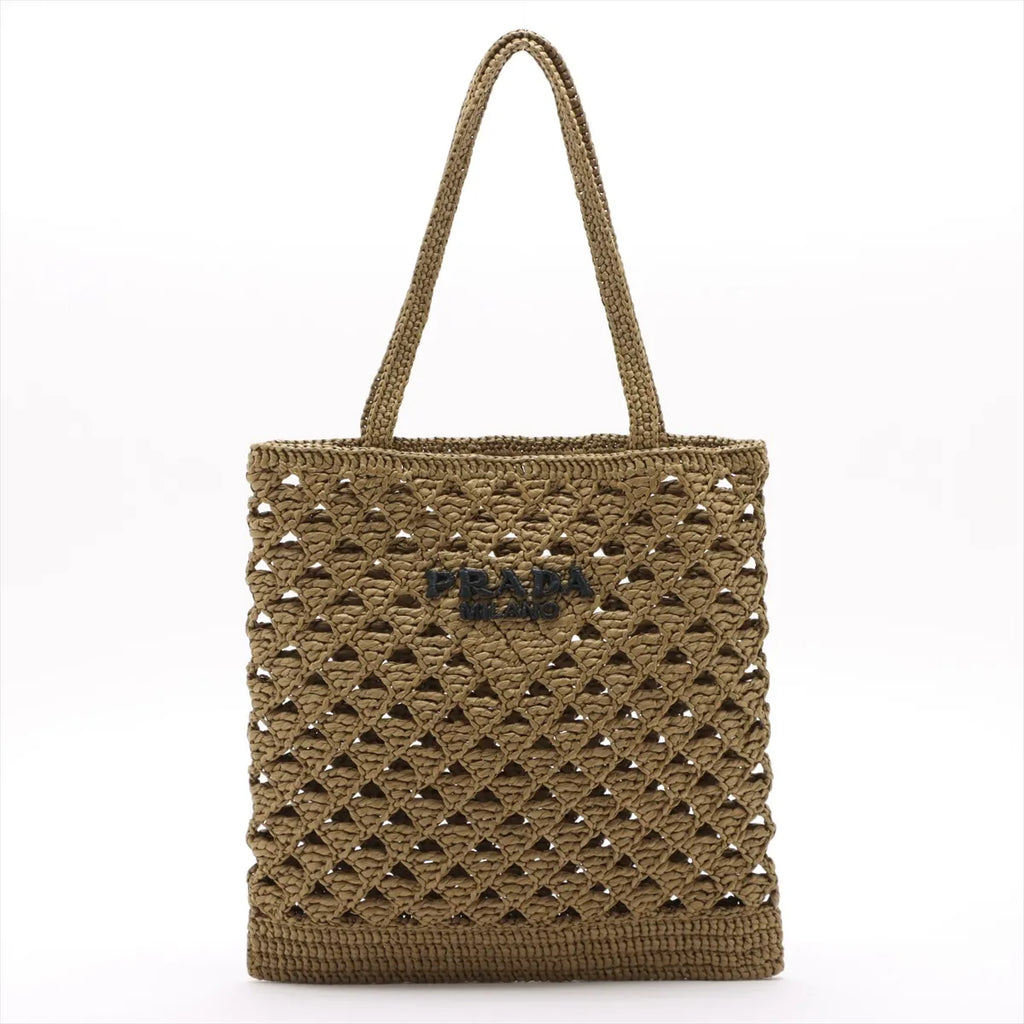 Prada Logo Raffia Tote Khaki