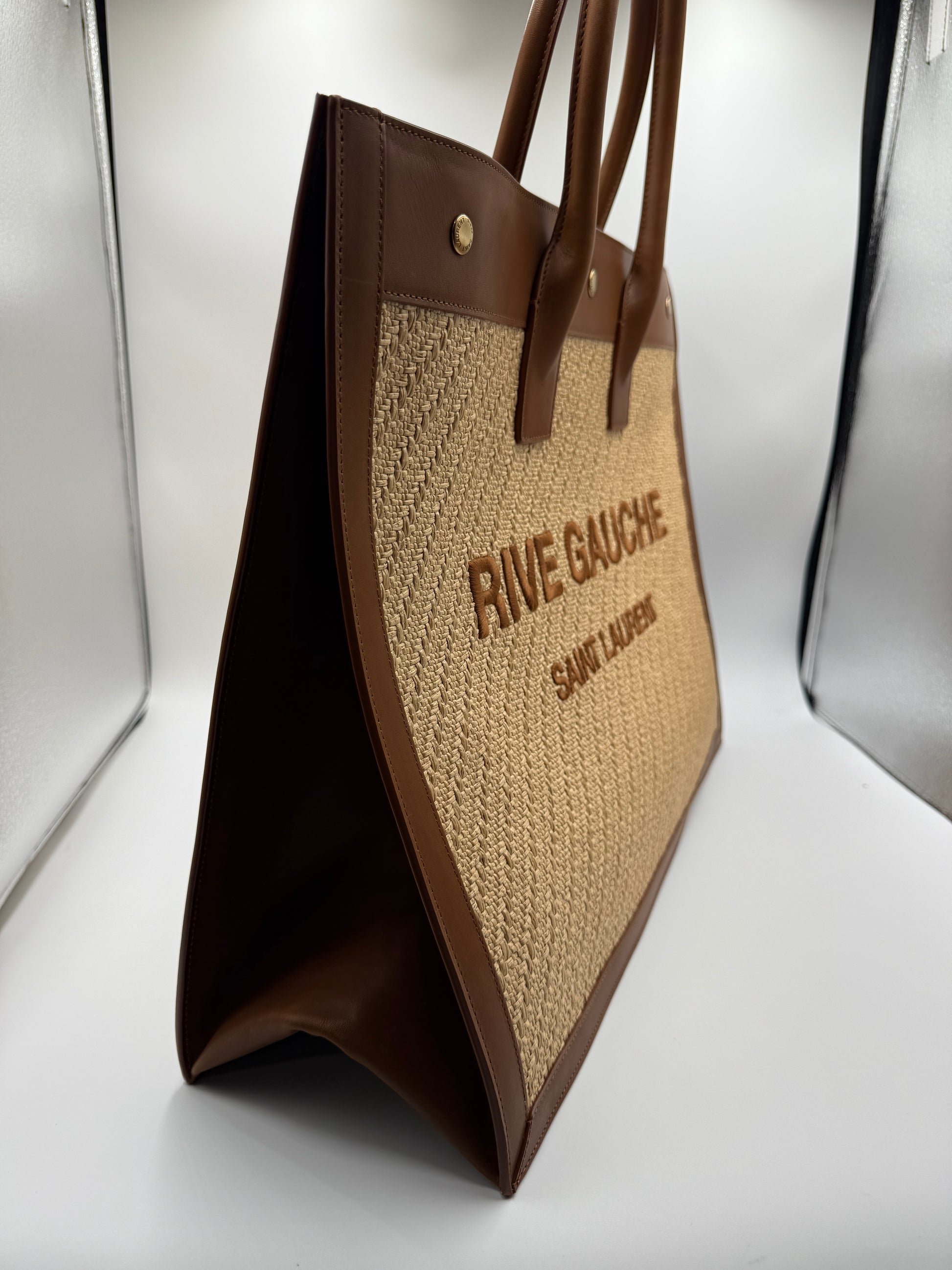 Saint Laurent Raffia Linen Calfskin Rive Gauche Tote Naturale Brown