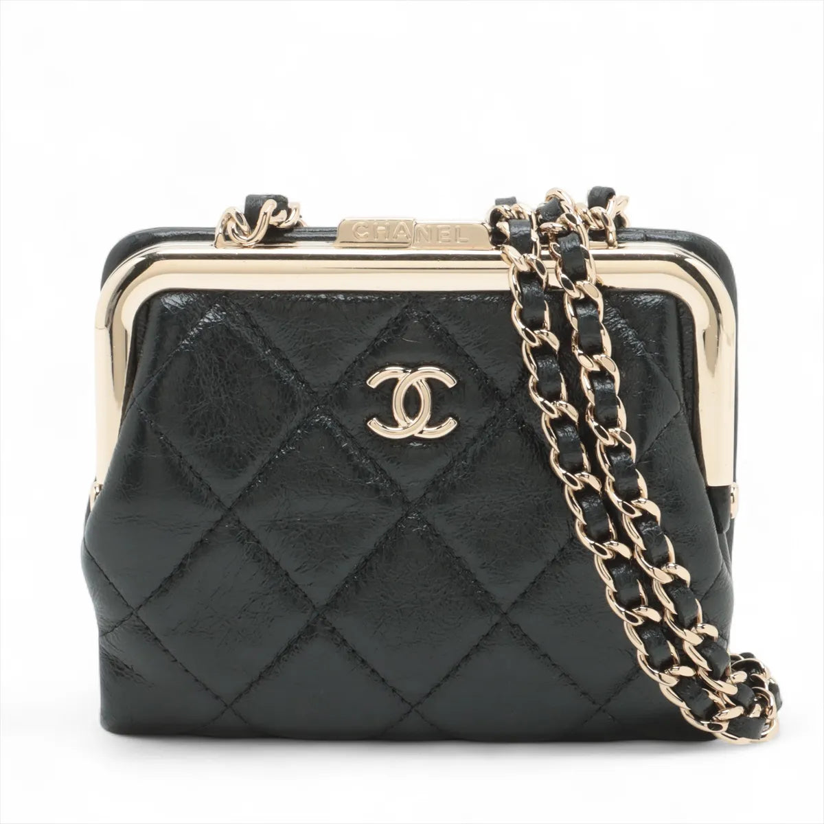 Chanel Matelasse Leather Chain Wallet Gamaguchi Black