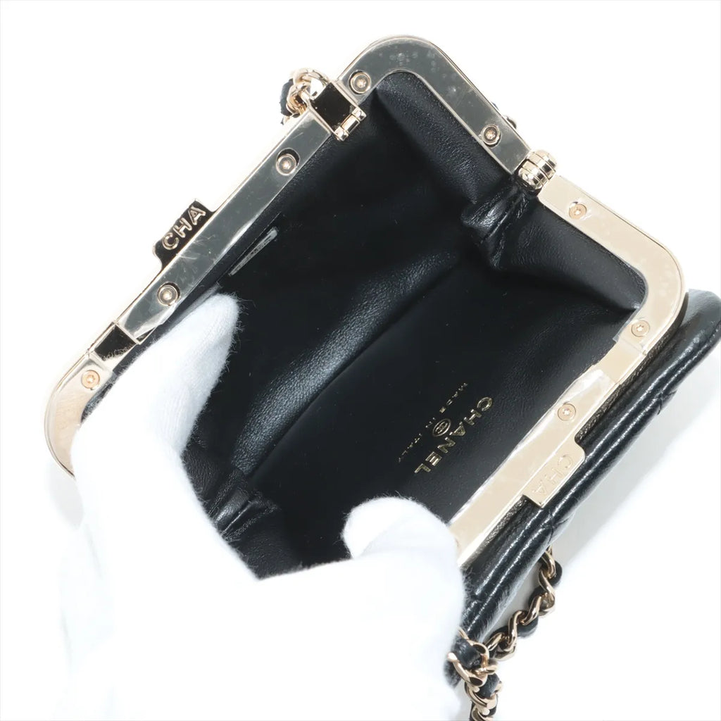 Chanel Matelasse Leather Chain Wallet Gamaguchi Black